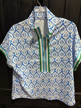 Women's Blue and White Printed Polo with Green Stripe Trim